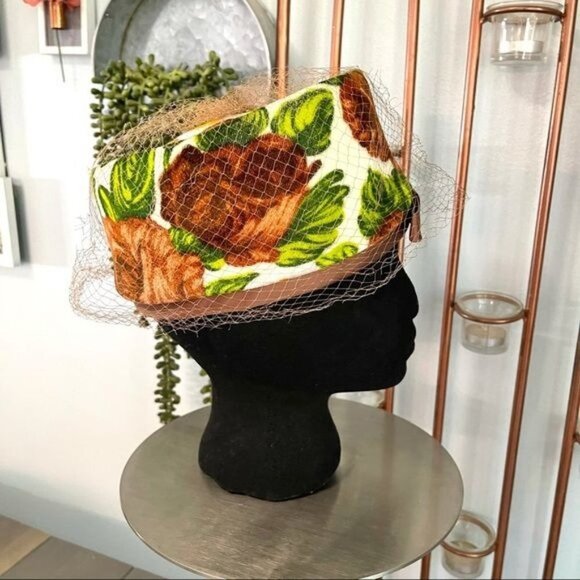 Vintage Union Made Toque Netted Hat Velvet Floral - Picture 2 of 10